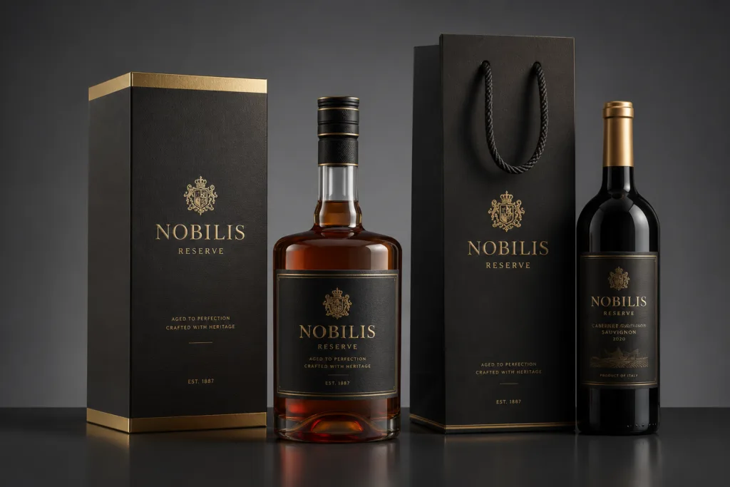 Czarne opakowanie i torba Nobilis obok dwóch butelek