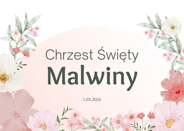 Personalizowana etykieta na chrzest z imieniem Malwiny i kwiatami