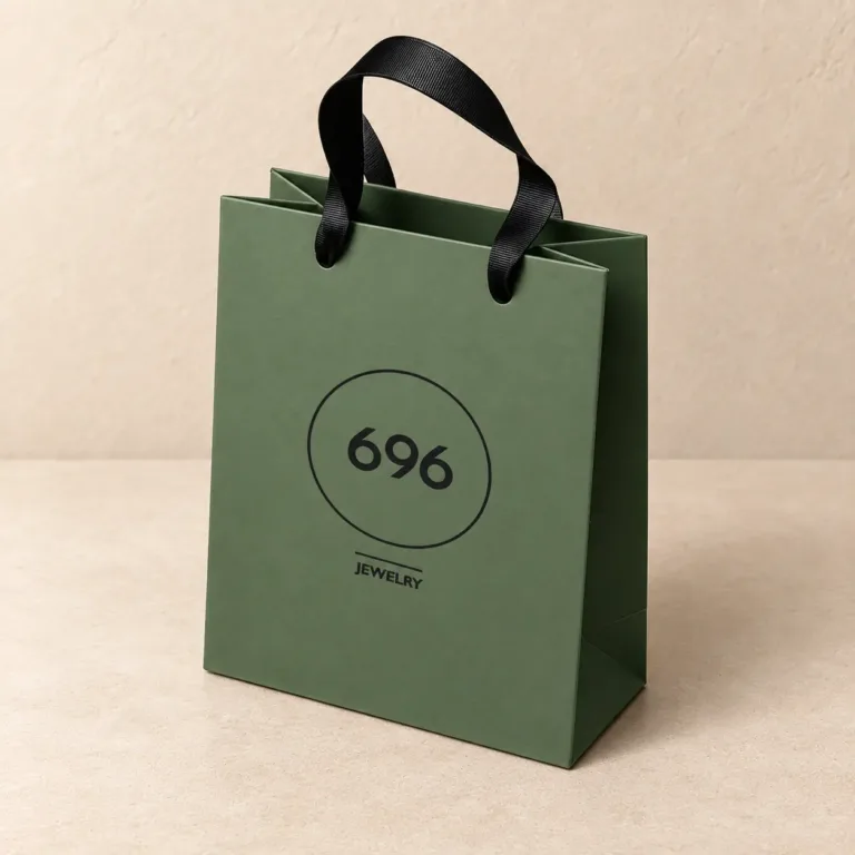 Oliwkowa torba papierowa NT02 z czarnym nadrukiem 696 Jewelry i czarnymi uchwytami wstążkowymi