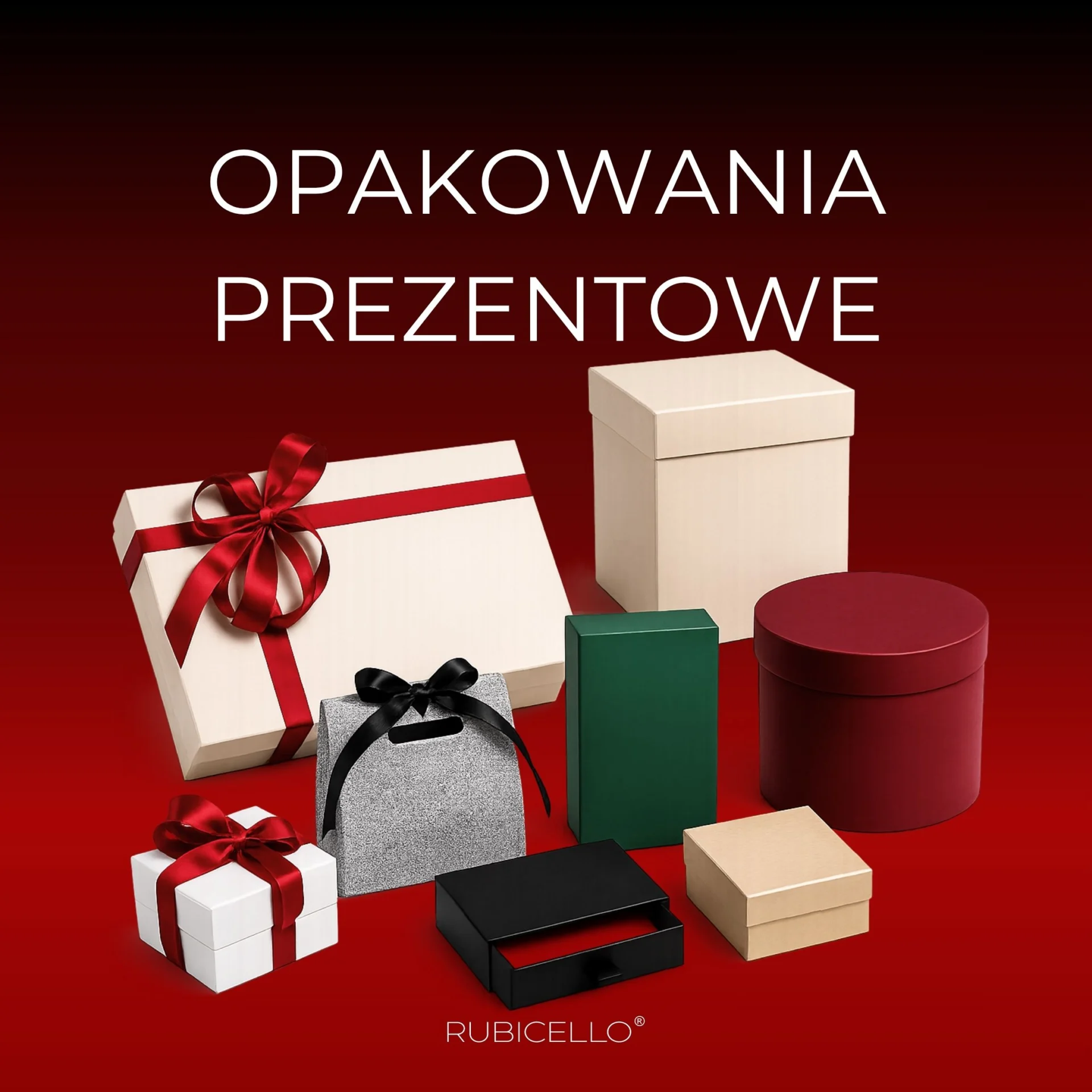 Zestaw opakowań prezentowych Rubicello pokazujący różne konstrukcje i formaty