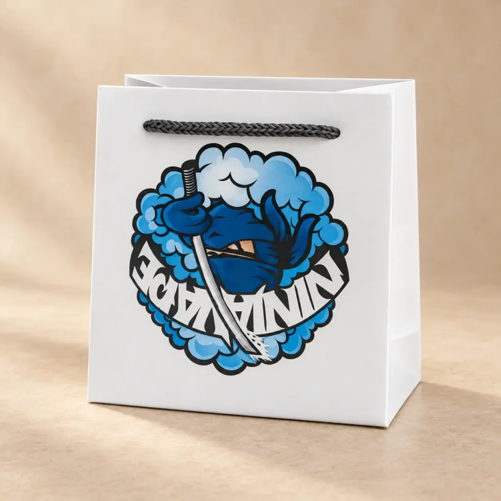 Biała torba papierowa z nadrukiem Ninja Vapes
