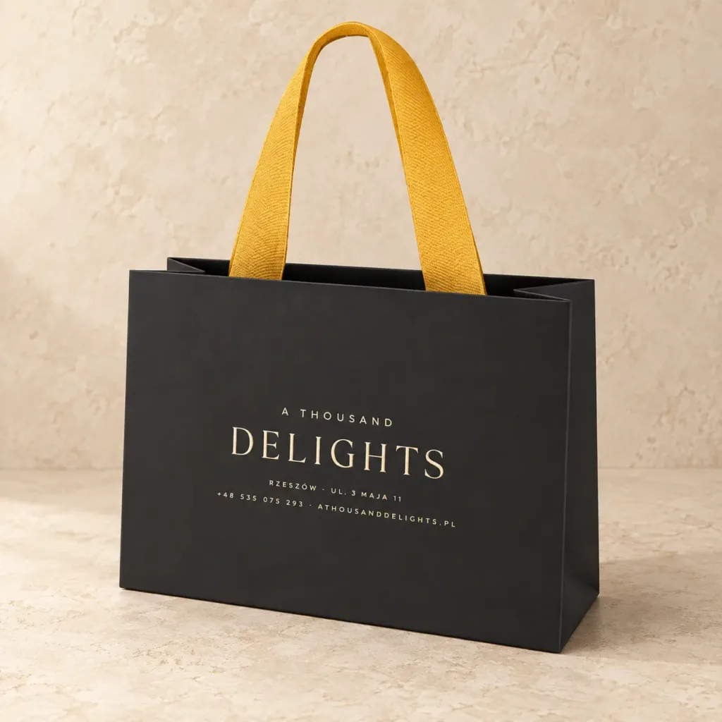 Czarna torba papierowa ze złotym nadrukiem A Thousand Delights – realizacja 15