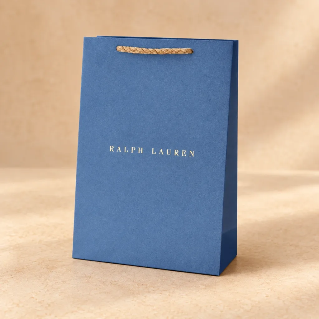 Niebieska papierowa torba Ralph Lauren ze złotym uchwytem