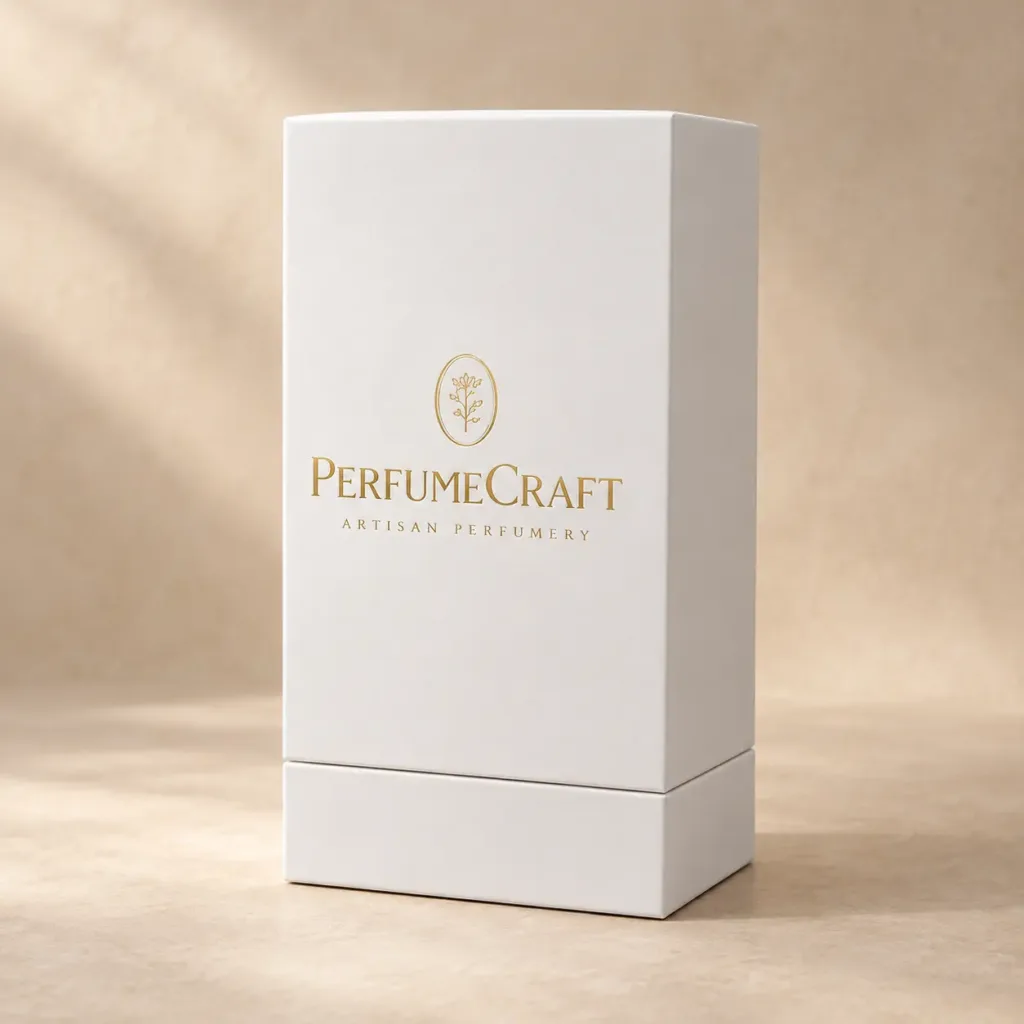 Białe pudełko produktowe PerfumeCraft ze złotym logo