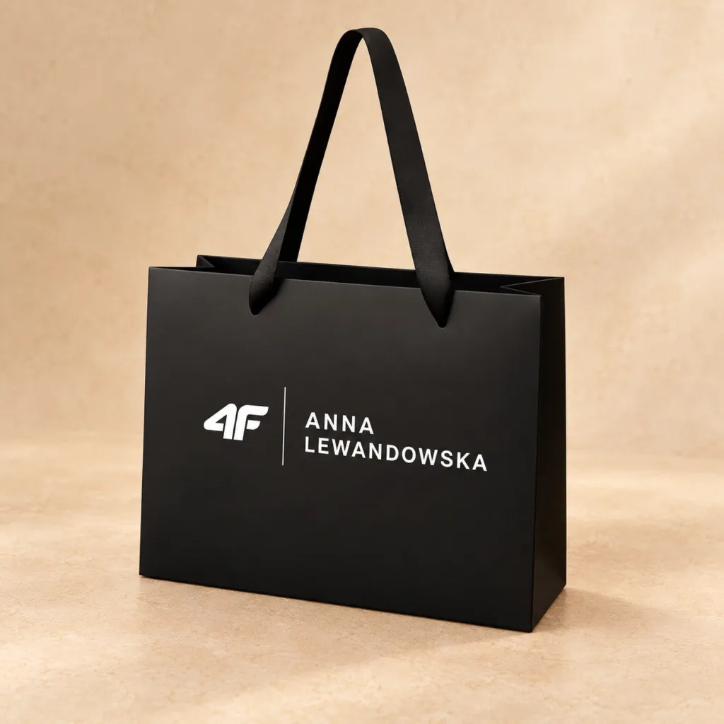 Czarna papierowa torba 4F z białym oznaczeniem