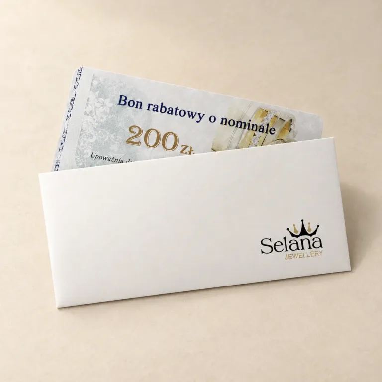 Biała koperta na bon rabatowy z kartą 200 zł i logo Selana