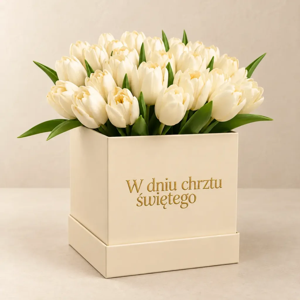 Kremowy flowerbox prezentowy z białymi kwiatami i napisem W dniu chrztu świętego