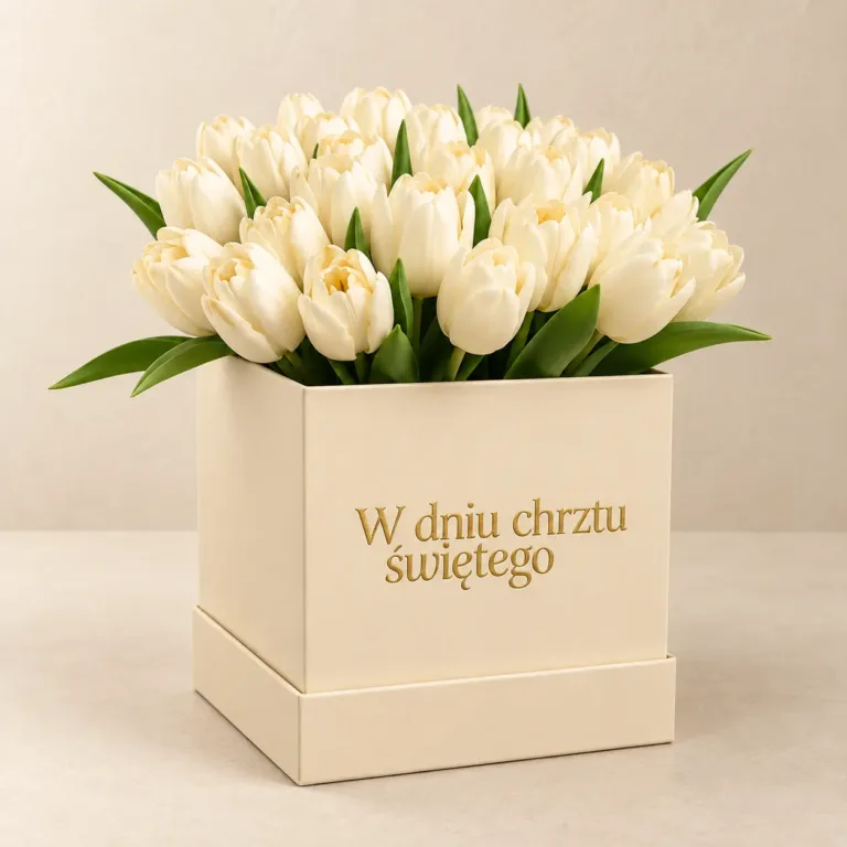 Kremowy flowerbox prezentowy z białymi kwiatami i napisem W dniu chrztu świętego
