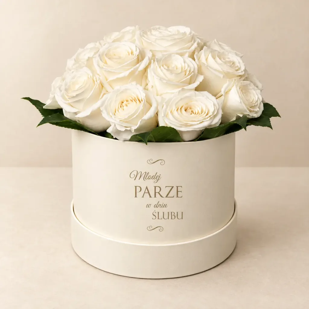Biały flowerbox prezentowy na ślub z białymi różami i napisem Młodej Parze