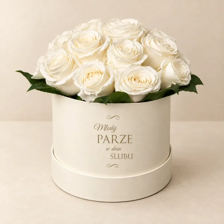 Biały flowerbox prezentowy na ślub z białymi różami i napisem Młodej Parze