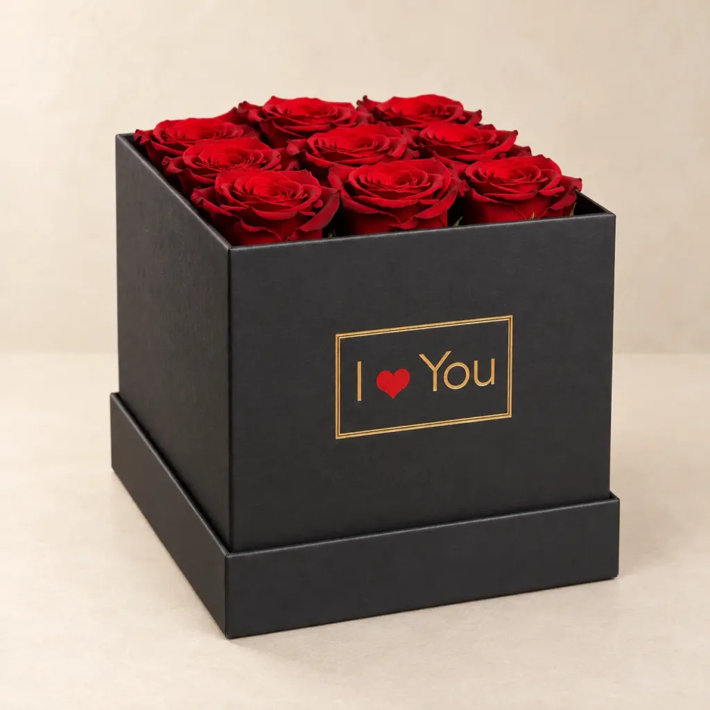 Czarny flowerbox prezentowy z czerwonymi różami i napisem I love You