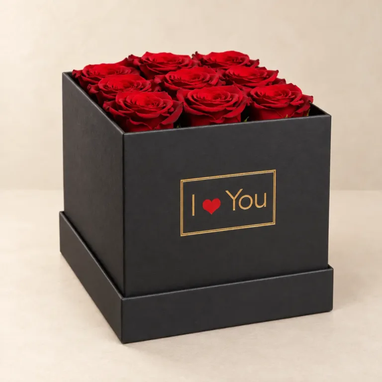 Czarny flowerbox prezentowy z czerwonymi różami i napisem I love You
