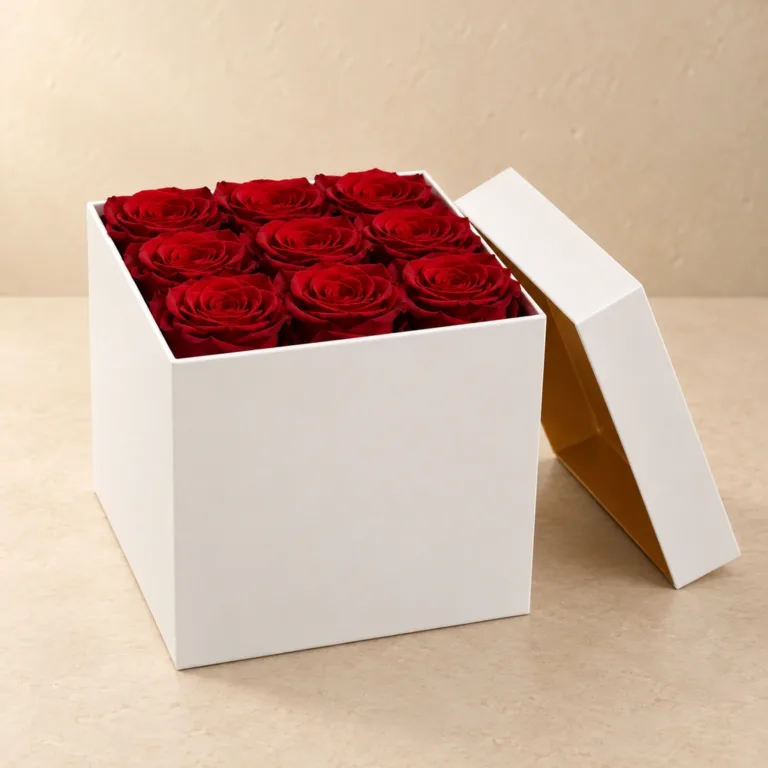 Biały flowerbox z czerwonymi różami na beżowym tle