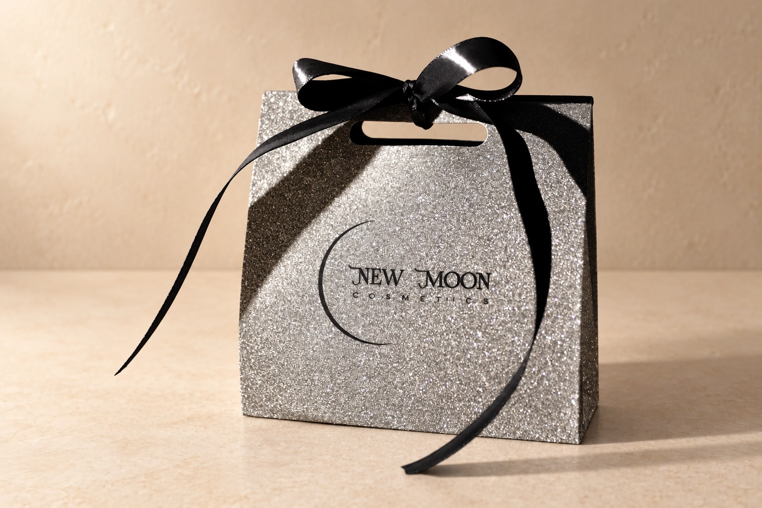 Srebrne opakowanie New Moon na jasnym beżowym tle