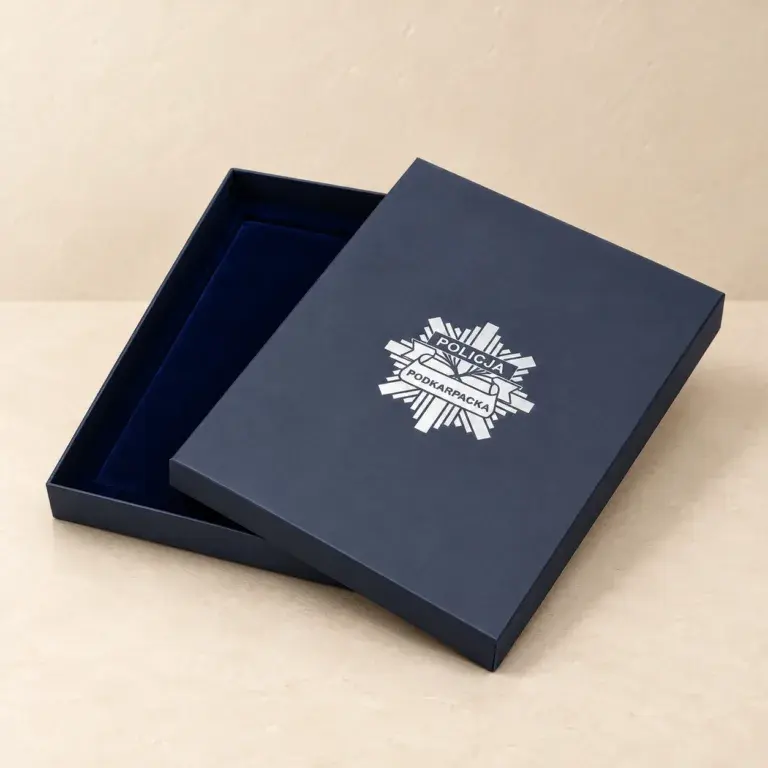 Granatowe pudełko P42 z wieczkiem i białym logo Policja Podkarpacka