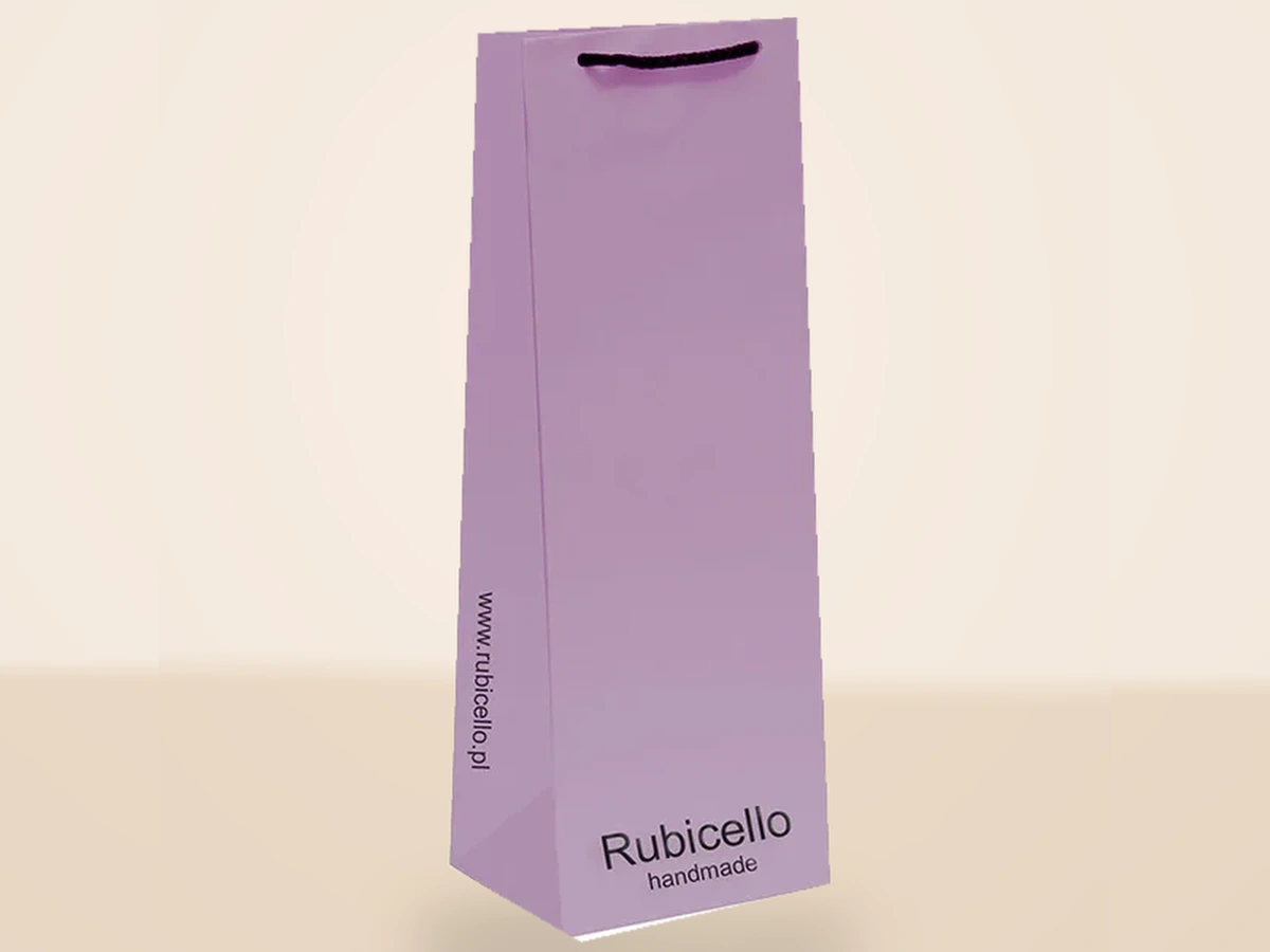 Fioletowa wysoka torba papierowa T9 z czarnym uchwytem i logo Rubicello